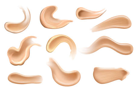 Set of realistic cosmetic cream smears. Skin toner of different body colors. Lotion smooth smear isolated vector texture on white background.のイラスト素材