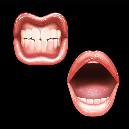 2 shining beautiful female nude lips with teeth for different designs. Pink lipstick color. Black background. Realistic vector illustration.のイラスト素材