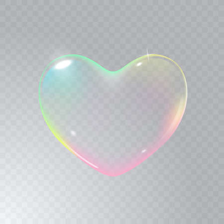 Realistic transparent multicolored rainbow vector soap bubble shaped as heart. Romantic glossy soapy heart. Valentine day symbol. Transparent background.のイラスト素材