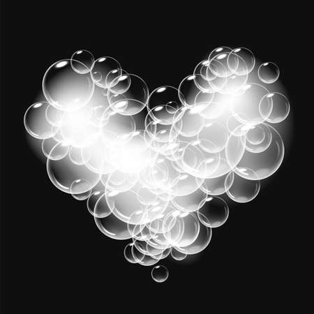 Realistic soap foam with bubbles shaped as heart. Valentine day symbol. Romantic glossy soapy heart. Black background.のイラスト素材
