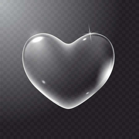 Realistic transparent white vector soap bubble shaped as heart. Romantic glossy soapy heart. Valentine day symbol. Transparent background.のイラスト素材