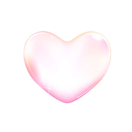 Realistic transparent pink vector soap bubble shaped as heart. Romantic glossy soapy heart. Valentine day symbol. White background.のイラスト素材