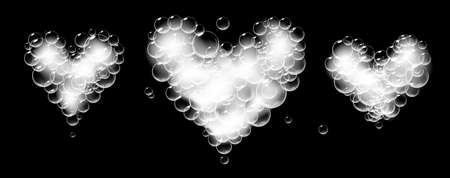 Set of soap foam pieces shaped as heart. Vector realistic soap suds. Valentine day symbol. Black background.のイラスト素材