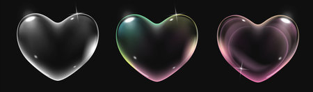 Set of realistic transparent pink, rainbow and white vector soap bubbles shaped as heart. Romantic glossy soapy heart. Valentine day symbol. Black background.のイラスト素材