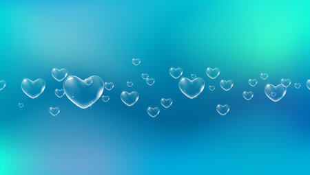 Bright blue background with white colored heart-shaped soap bubbles for Valentine card. Vectorのイラスト素材