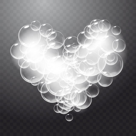 Realistic soap foam with bubbles shaped as heart. Valentine day symbol. Romantic glossy soapy heart. Transparent background.のイラスト素材