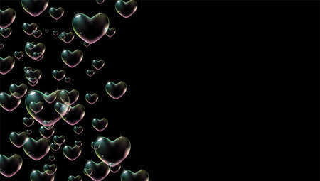 Black background with rainbow colored heart-shaped soap bubbles for Valentine card. Vectorのイラスト素材