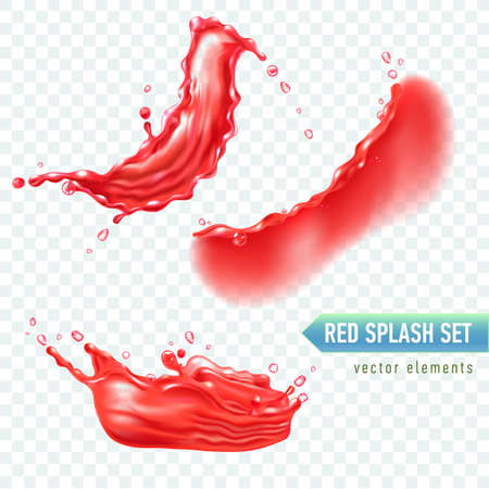 Set of red transparent liquid splashes. Hibiscus tea, strawberry jam, tomato guice, grape juice. Vector realistic design element.のイラスト素材