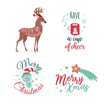 Set of four Christmas logotype or insignia. Cute cartoon Christmas tree. Vectorのイラスト素材