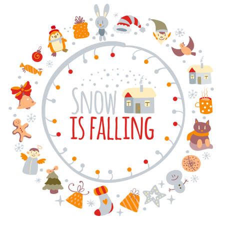 Christmas post card with merry xmas doodles and modern Christmas insignia. Callygraphic Vectorのイラスト素材