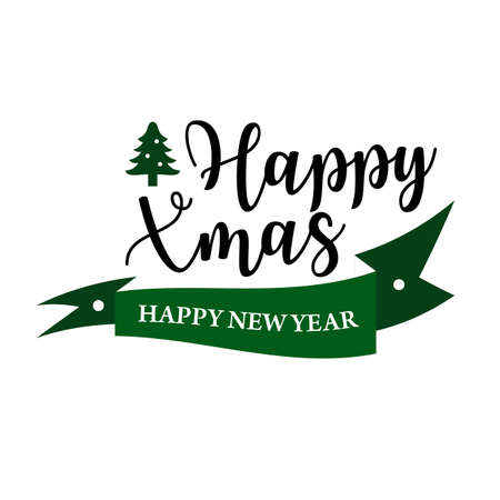 Christmas logotype or insignia. Cute cartoon Christmas tree. Merry Xmas and Happy new year.のイラスト素材