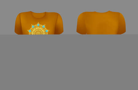 Golden female t shirt realistic template with mandala. Front and back view. Vectorのイラスト素材