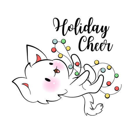 Christmas kawaii Cat with New Year lights. Holiday cheer. Vector sticker for messengerのイラスト素材