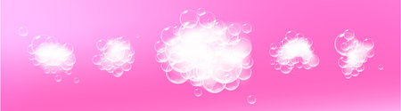 Soap foam pieces with bubbles isolated on pink background. Top view of sparkling shampoo and bath lather clouds. Vector.のイラスト素材