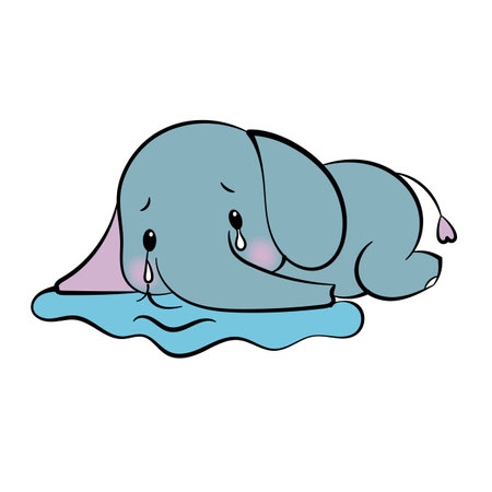 Emotional sticker with cute elefant. Kawaii style. Cartoon emoji sticker with crying sad elefant. Vector illustration.のイラスト素材