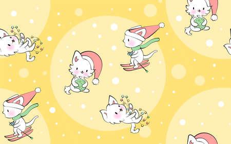Seamless ornament with cute kittens in kawaii style. Vector pattern. Merry Christmas cats.のイラスト素材