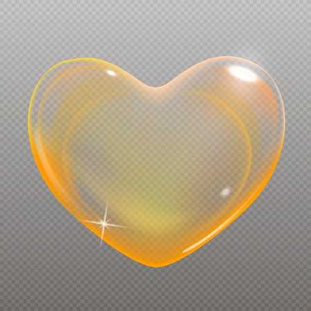 Realistic transparent yellow vector soap bubble shaped as heart. Romantic glossy soapy heart. Valentine day symbol. Black background.のイラスト素材