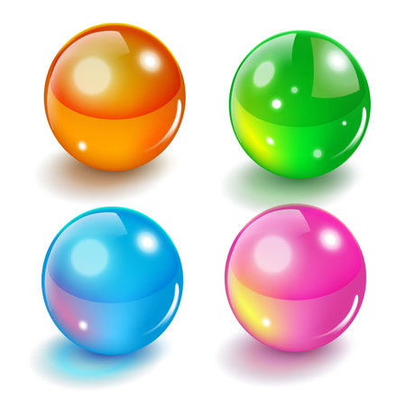 Glass ball sphere color vector realistic set graphic 3d illustration, red yellow round shiny glossy magic crystal, light glow circle game orb green blue purple orange, transparent drop button imageのイラスト素材