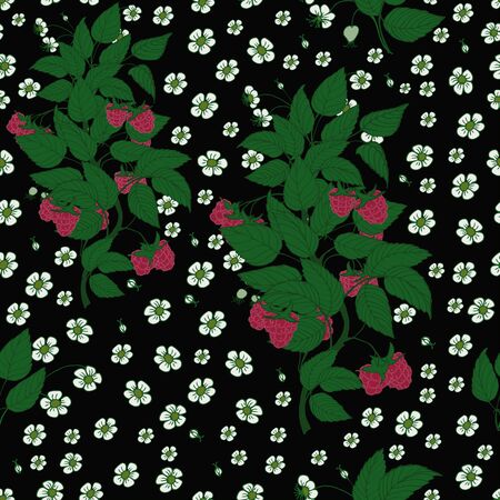 Seamless pattern with black, cherry raspberry berries. Black raspberry berries on branches with leaves. Black raspberries and flowers.のイラスト素材