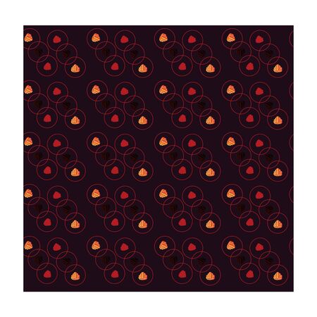 Seamless pattern with red, yellow, and orange raspberries. Raspberry berries of different colors in a geometric pattern on a maroon background.のイラスト素材