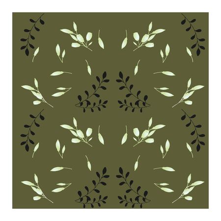 Seamless pattern with leaves and flowers on a green background. Vintage, retro abstract pattern with green leaves, flowers and buds.のイラスト素材