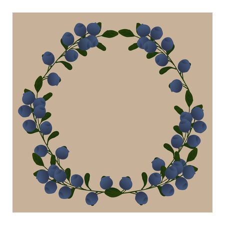 Blueberries 3D blue with leaves on branches. Berries on the branches of the plant in the form of a circle. Wreath, element, sticker with berries.のイラスト素材
