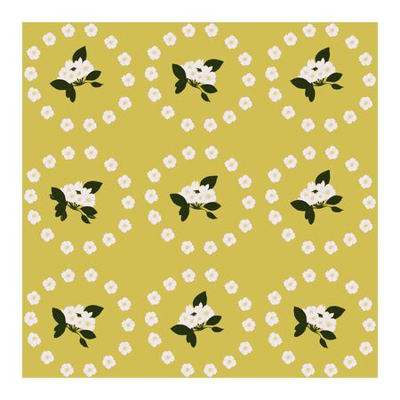 Seamless pattern with white flowers and green leaves. Inflorescences of white Apple blossoms on a yellow backgroundのイラスト素材