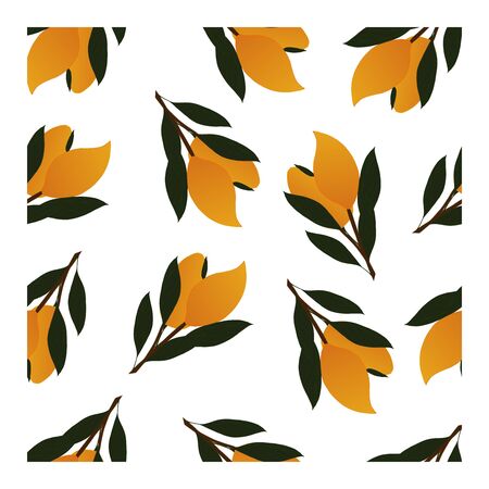 Seamless pattern with mango yellow color. Fruit pattern with mango. Whole mango fruit and green mango tree leaves. Fruit pattern. Yellow, white, orange, green in the patternのイラスト素材