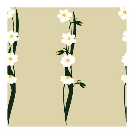 Seamless pattern with white daffodil flowers, buds and leaves. Narcissus flowers are white in bouquets with buds and green leaves. Yellow, green, and gray. Floral, spring, summer pattern, drawing.のイラスト素材