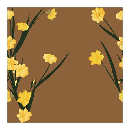 Seamless pattern with yellow flowers, buds, daffodil leaves. Seamless pattern with bouquets of yellow daffodils. Green leaves and flowers, buds on a brown background. Floral seamless pattern.のイラスト素材