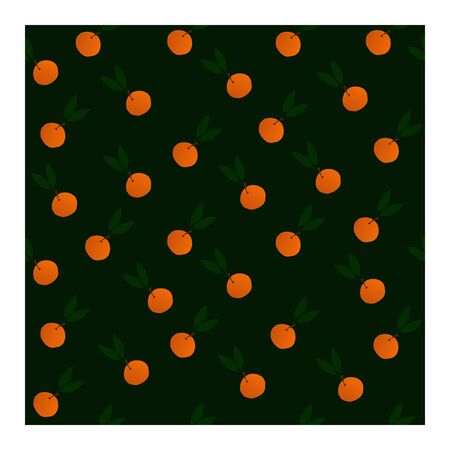 Seamless pattern with orange tangerines and green leaves on a dark green background. Vector illustrationのイラスト素材