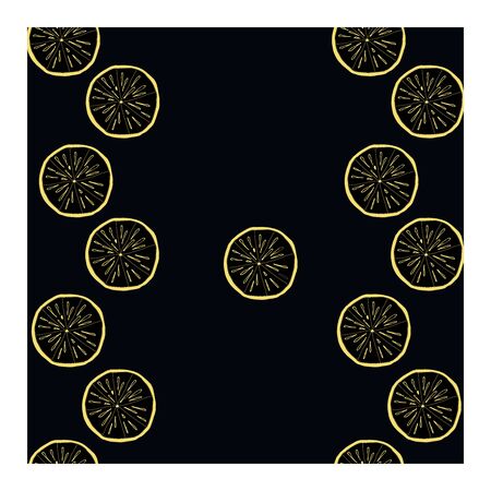 Seamless pattern with drawn, abstract slices, parts of citrus fruit with a beige outline on a gray-green background. Fruit pattern on khaki background. Abstract, chaotic drawing of fruit slices. Vector illustrationのイラスト素材