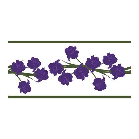 Seamless border, ornament, edging with blue flowers, petals, buds on a white background. Narcissus. Flower pattern with blue flowers on a white background. Abstract flower pattern. Blue daffodils in bouquets. Vector illustrationのイラスト素材