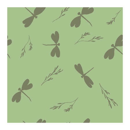 Seamless pattern with grey dragonflies on a green background. Dragonfly and flowers, branches. Pastel color. Flight of a dragonfly. Silhouettes of grey dragonflies and branches with buds and leaves on a green background.. Vector illustrationのイラスト素材