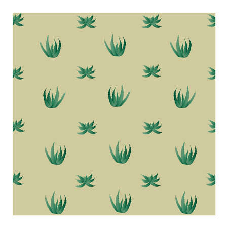 Seamless pattern with green aloe plants with different leaves and shapes. Pattern with aloe. Aloe flower. Cactus. Green and beige color in the pattern .. Vector illustrationのイラスト素材