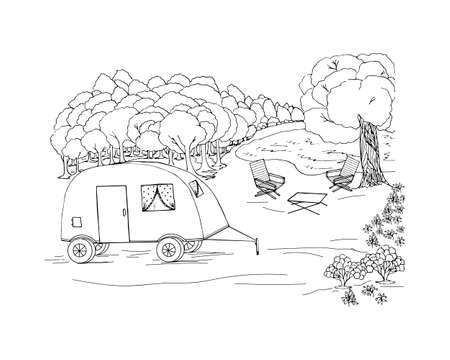 Camping illustration, for drawing a family car, chaise longue, lake, forest, berries and clouds. Anti-stress coloring is a black and white vector drawing drawn by hand. Suitable for posters, postcards. Vector illustrationのイラスト素材
