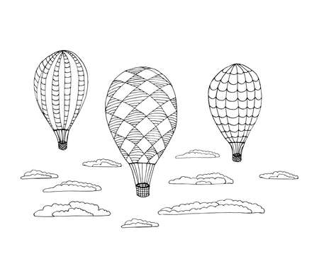 Anti-stress coloring black and white vector drawing drawn by hand. Illustration of balloons, for coloring balloons, clouds, patterns, baskets. Suitable for posters, postcards, stickers, bookのイラスト素材