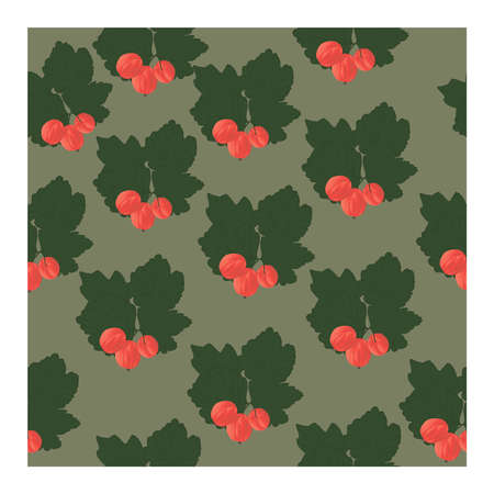 Seamless pattern with red gooseberry berries and green leaves on a gray background. Design for...