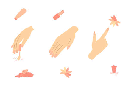 Womens hands with colorful manicure, nail Polish bottles, color palette. Gestures of the hands for manicure. Materials for hand and nail care. Beauty salon. Vector illustrationのイラスト素材