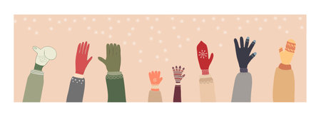 Hands in mittens on the background of falling snowflakes. Collection of individual vector illustrations of hands wearing gloves in winter. Winter set of elements for web design.. Vector illustrationのイラスト素材