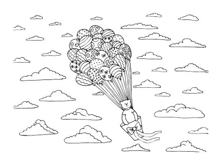 Vector illustration. Coloring book with a teddy bear flying in a balloon in the clouds. suitable for book, print, postcard, game.のイラスト素材