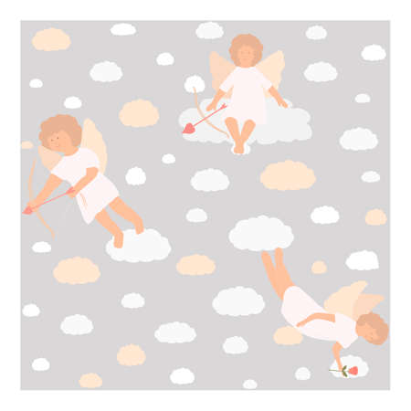 Seamless vector pattern with angels on sky background. Cupid on the background of the sky and clouds. Valentines Day. Suitable for holiday greeting, web, design, interior, fabric, greeting card, coverのイラスト素材