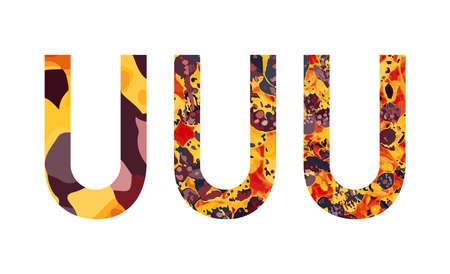 Letter U creative design. Abc letters set. Modern font - vector alphabet. Bright colors yellow, orange, red, black.のイラスト素材