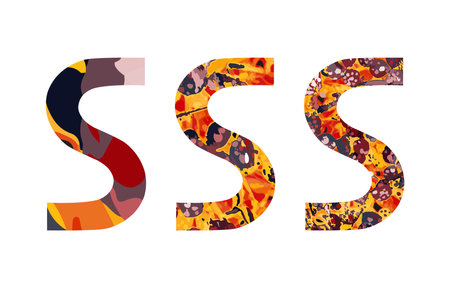 Letter S creative design. Abc letters set. Modern font - vector alphabet. Bright colors yellow, orange, red, black.のイラスト素材