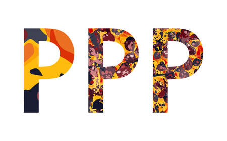 Letter P creative design. Abc letters set. Modern font - vector alphabet. Bright colors yellow, orange, red, black.のイラスト素材