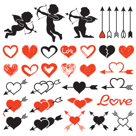 Love theme set, cupids, amours, hearts, arrows, valentine`s day illustration isolated on white backgroundのイラスト素材