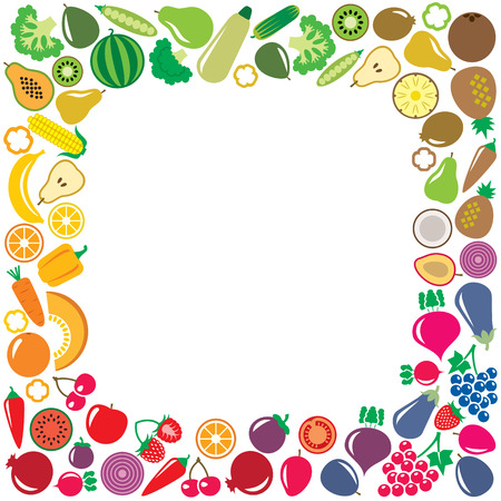 Set of vegetables and fruits icons illustration square frame background on white.のイラスト素材