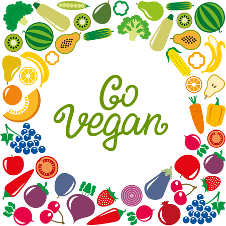 Set of vegetables and fruits icons illustration in the round frame backgroundのイラスト素材