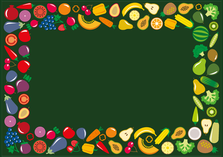 Set of vegetables and fruits icons illustration rectangle frame background on greenのイラスト素材