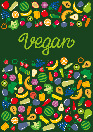Set of vegetables and fruits icons illustration rectangle frame background on greenのイラスト素材